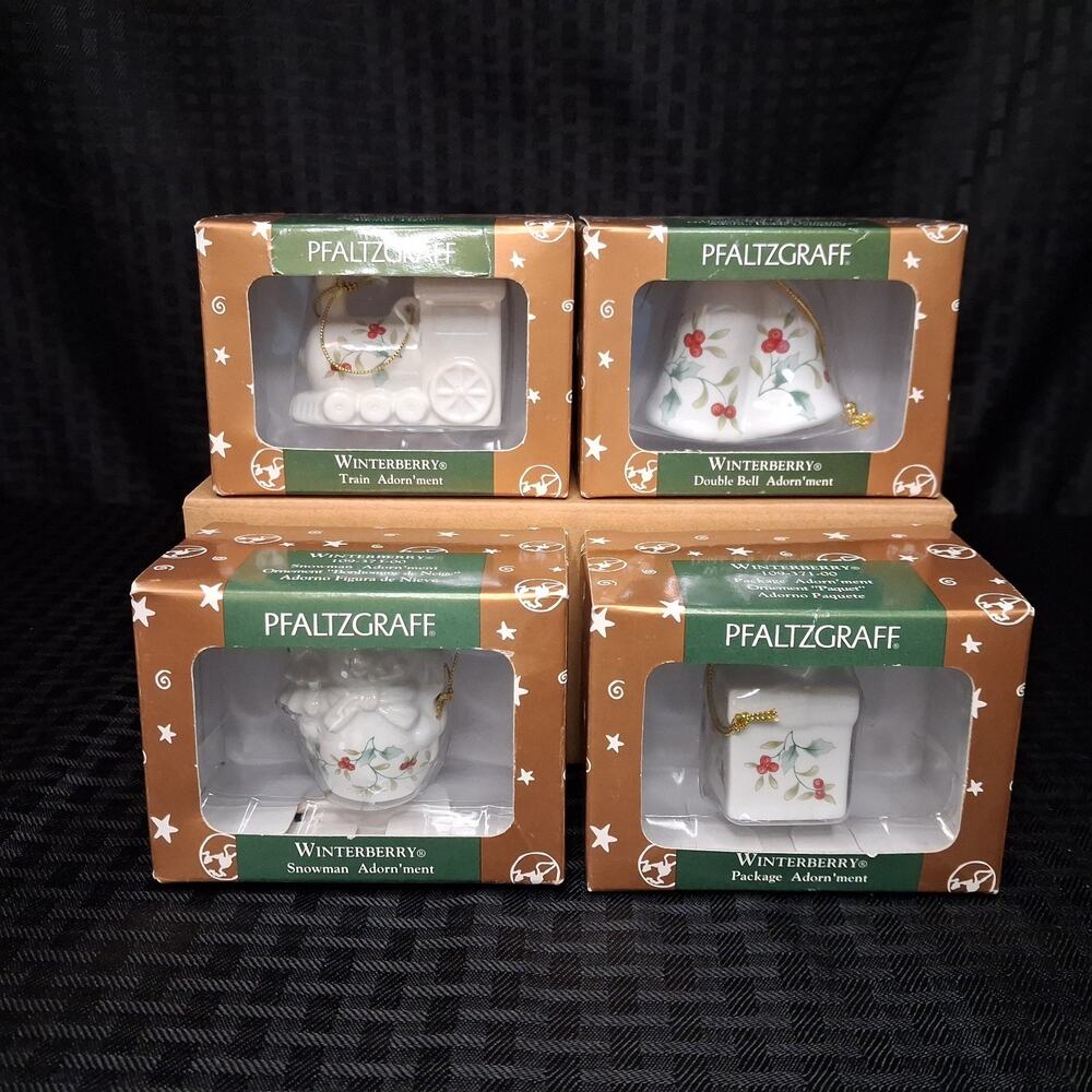 Pfaltzgraff Winterberry Ornaments Set 4 Bell, Train, Snowman, Package